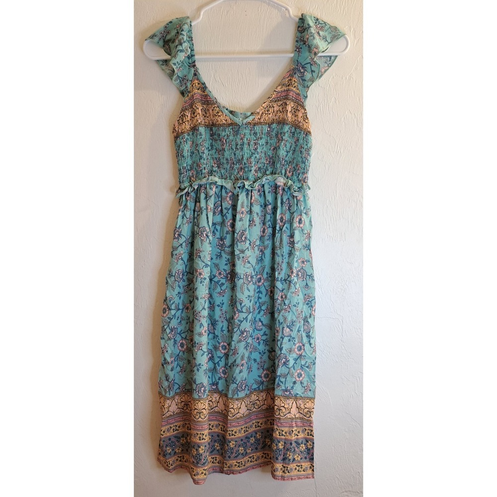 Turquoise Smocked Babydoll Sleeveless Sundress‎ Small Boho Feminine y2k NO TAGS